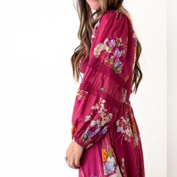 Free People Morning Glory Floral Maxi Dress Earth Red Smocked Handkerchief M - Picture 2 of 14